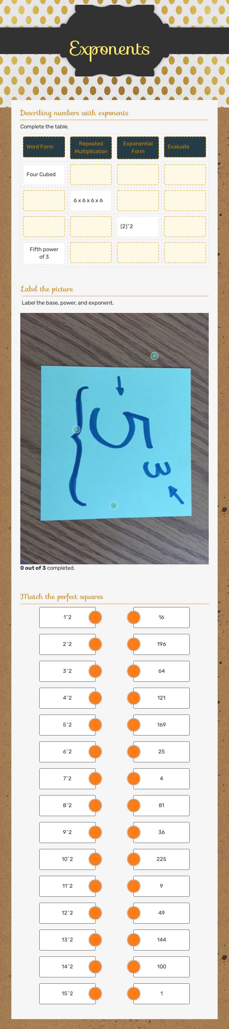 Exponents worksheet preview image