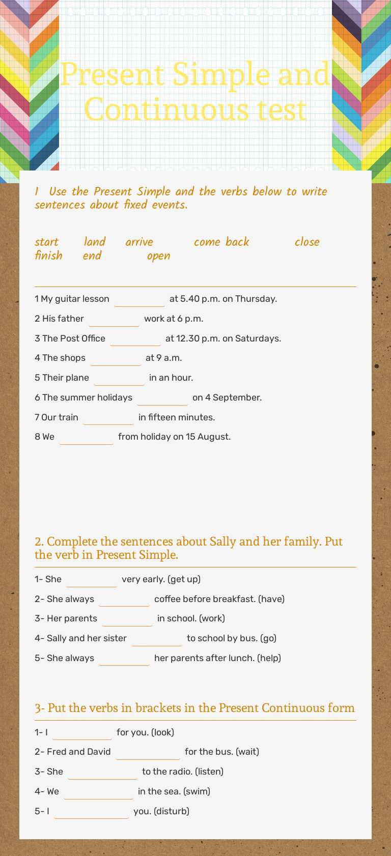 Present Simple and Continuous test worksheet preview image