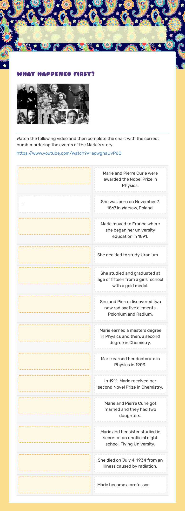 Marie Curie´S
Biography worksheet preview image