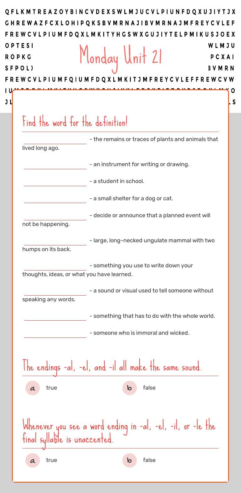 Monday 
Unit 21 Grade 3 worksheet preview
