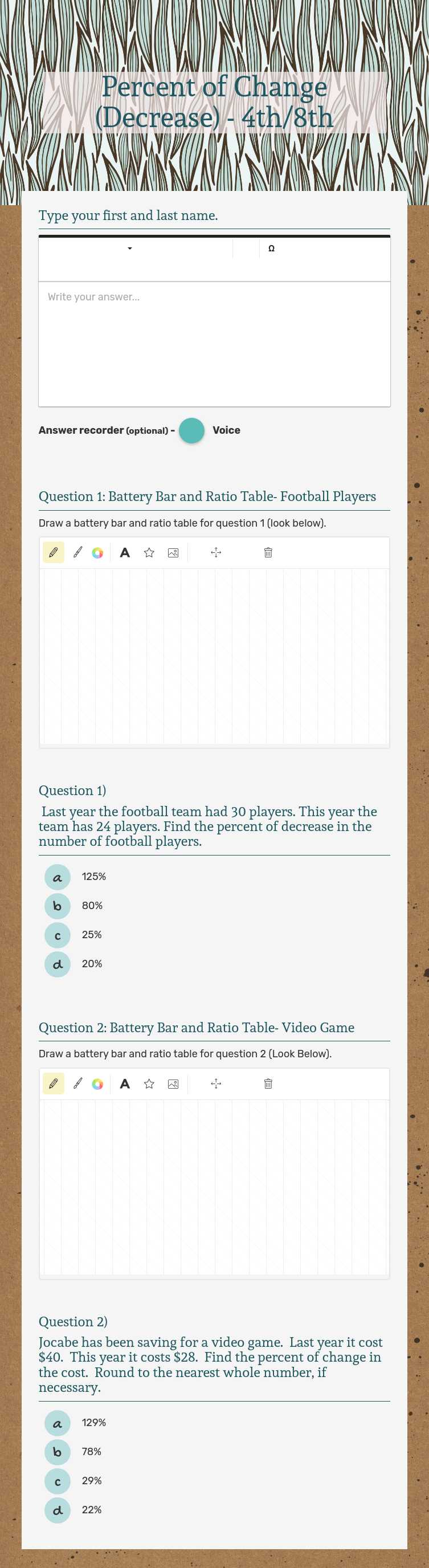 Percent of Change (Decrease) - 4th/8th worksheet preview image