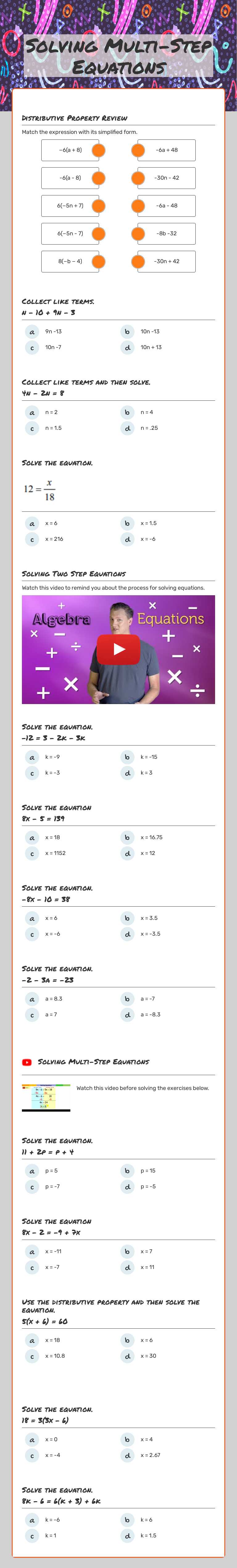 Solving Multi-Step Equations Grade 8 worksheet preview