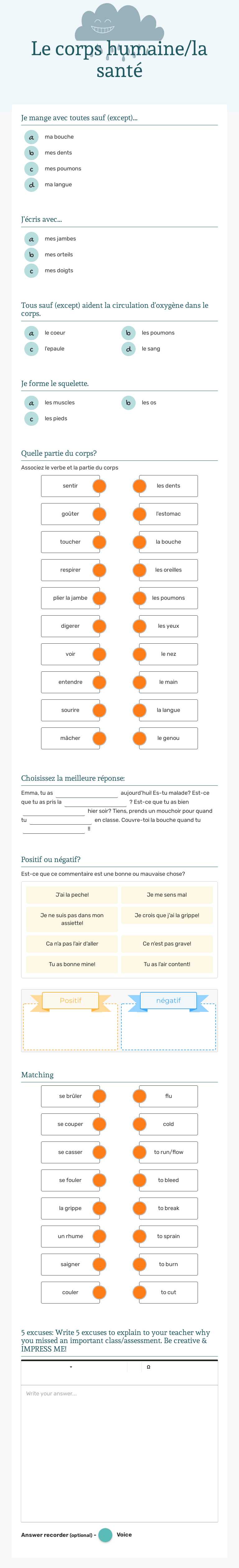 Le corps humaine/la santé worksheet preview image