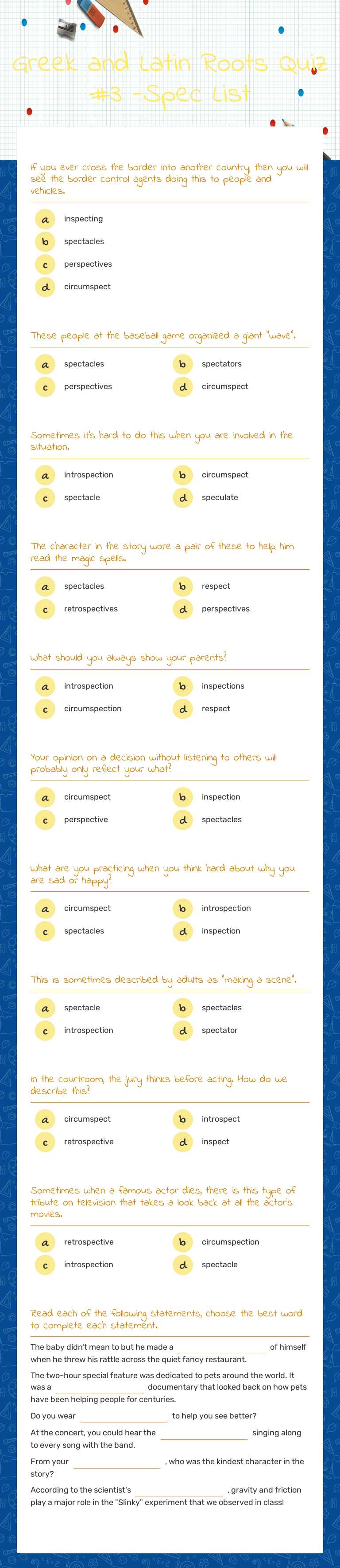 Greek and Latin Roots Quiz #3 -Spec List worksheet preview image