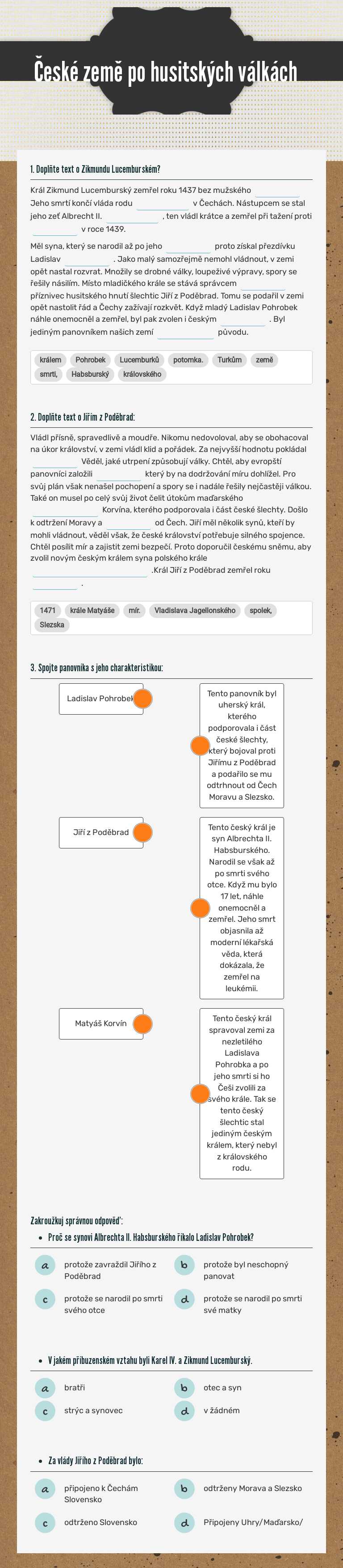 České země po husitských válkách worksheet preview image