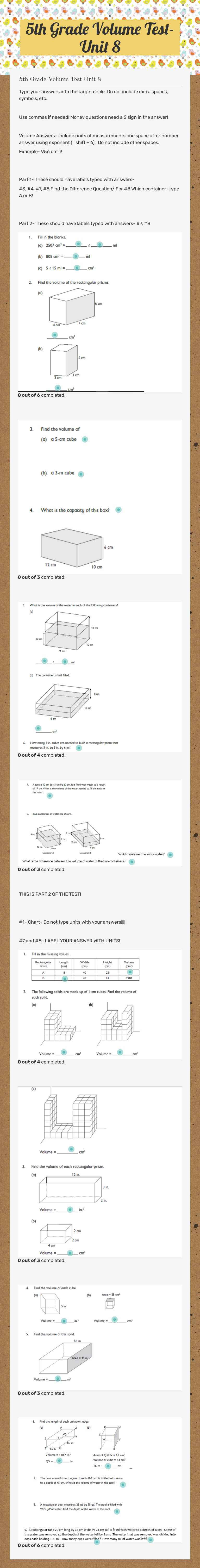 5th Grade Volume Test- Unit 8 worksheet preview image