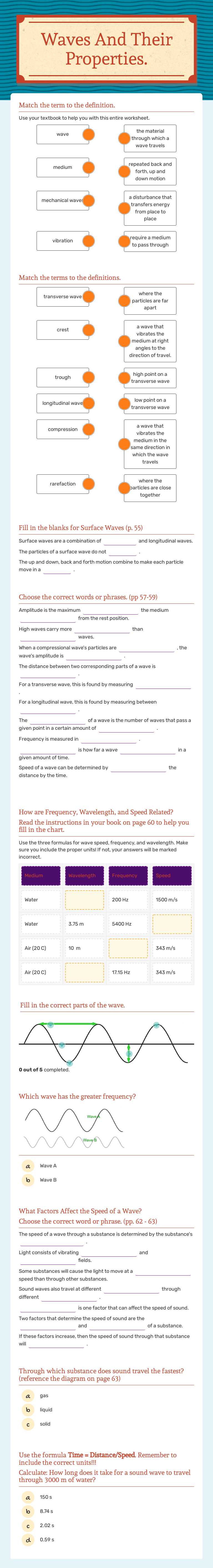 Waves And Their Properties. worksheet preview image