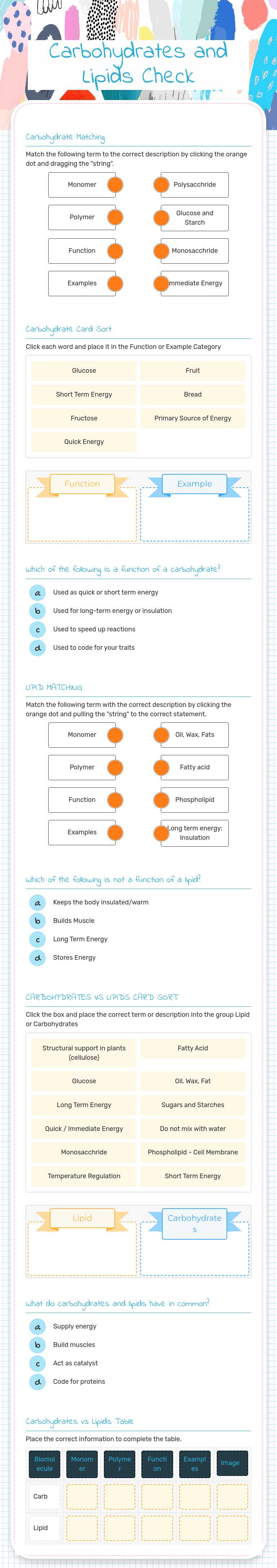 Carbohydrates and Lipids Check worksheet preview image