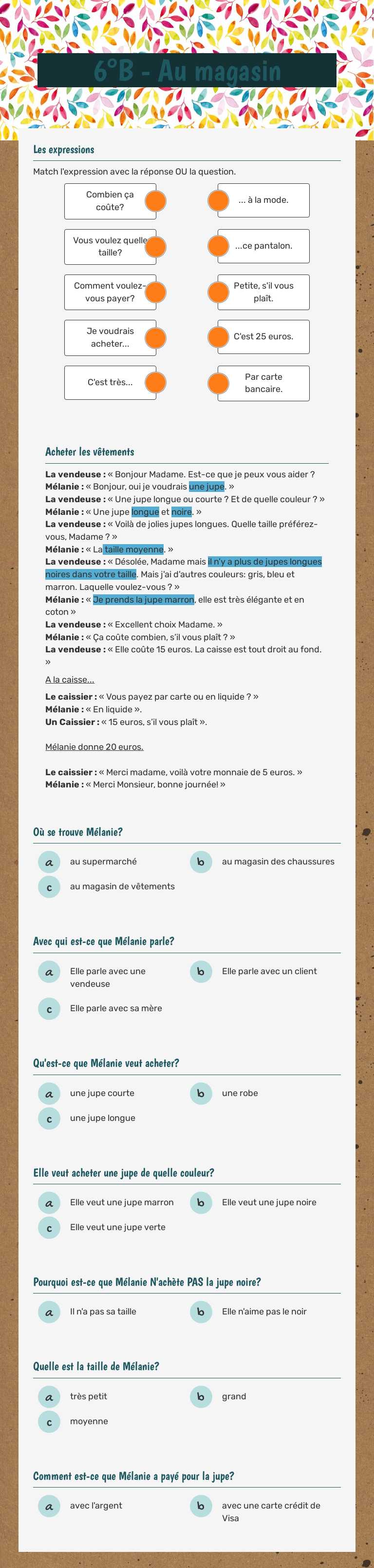 6°B - Au magasin worksheet preview image