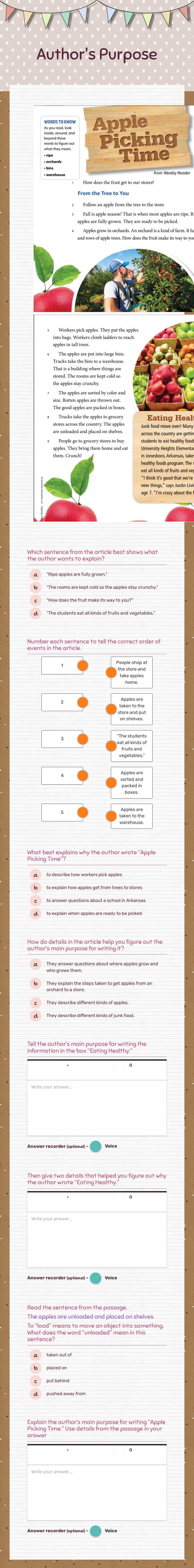 Author's Purpose Grade 2 worksheet preview