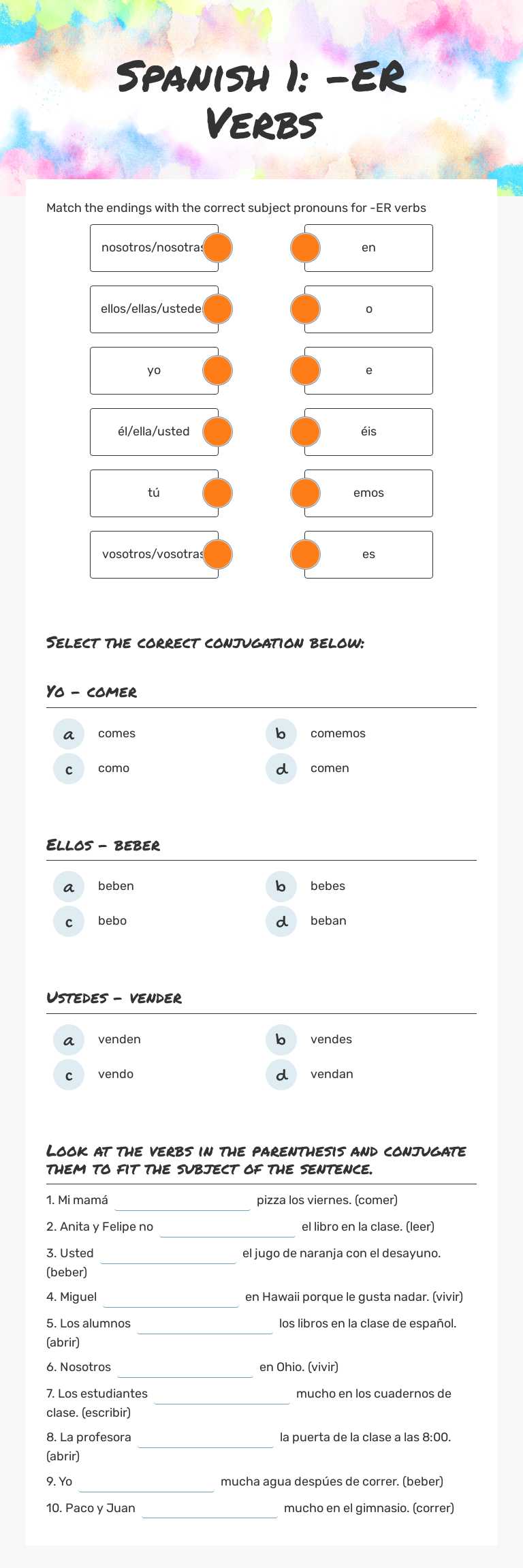 Spanish 1: -ER Verbs worksheet preview image