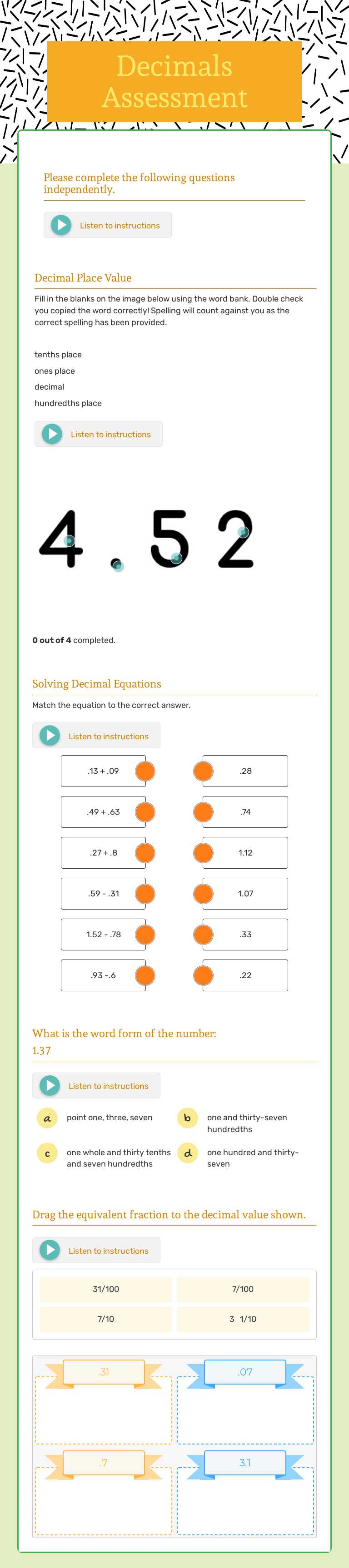 Decimals Assessment worksheet preview image