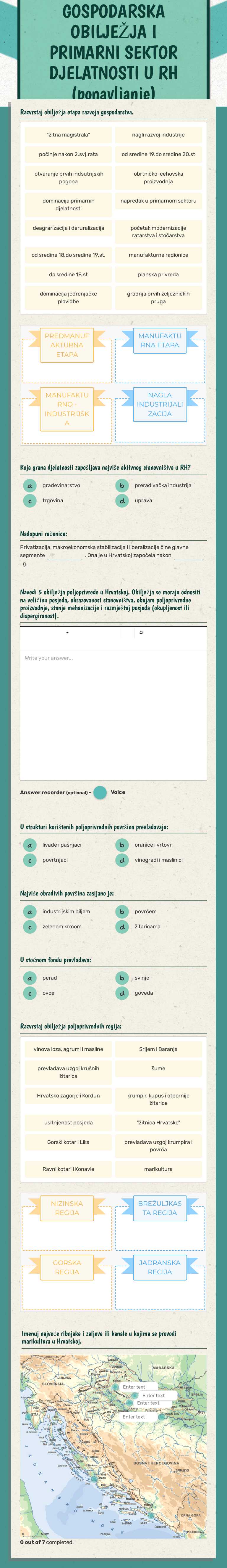 GOSPODARSKA OBILJEŽJA I PRIMARNI SEKTOR DJELATNOSTI U RH (ponavljanje) Grade 12 worksheet preview