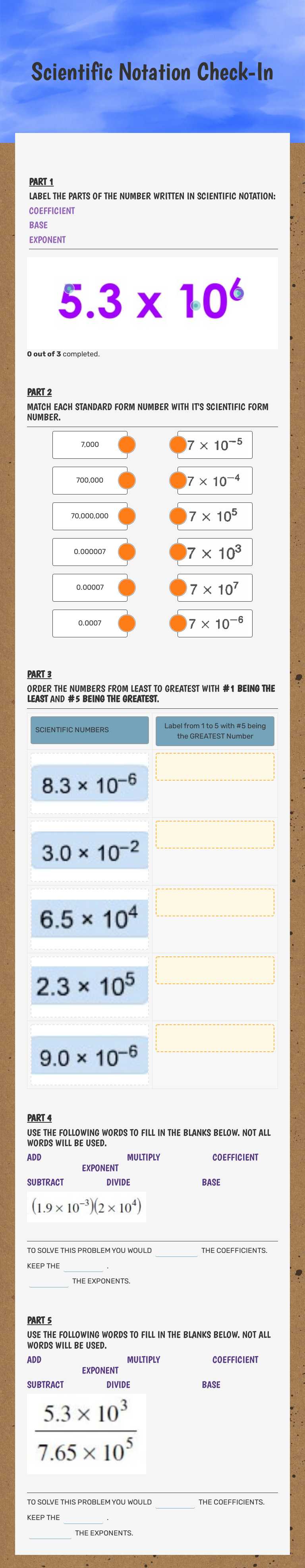 Scientific Notation Check-In worksheet preview image