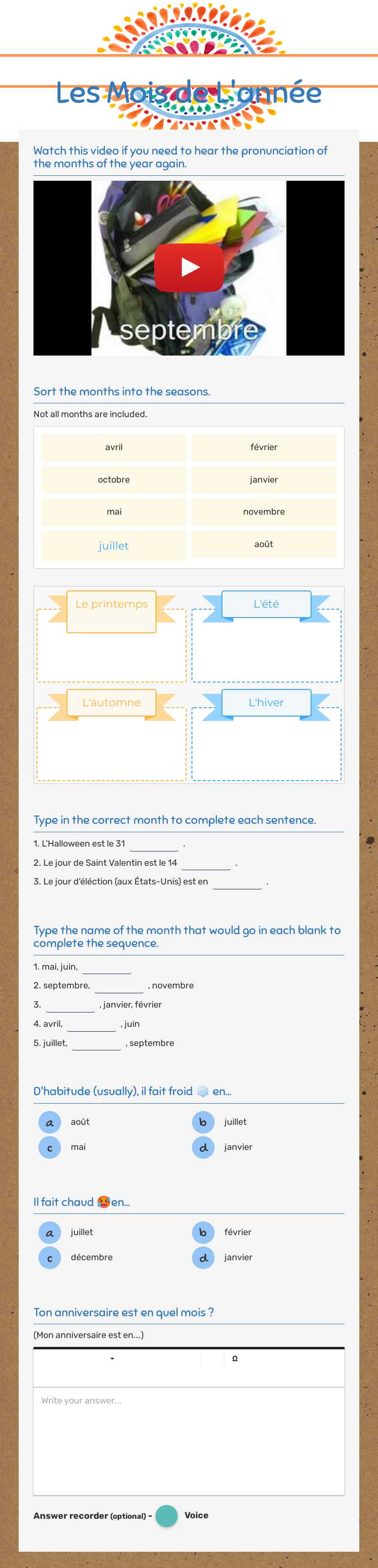 Les Mois de L'année worksheet preview image