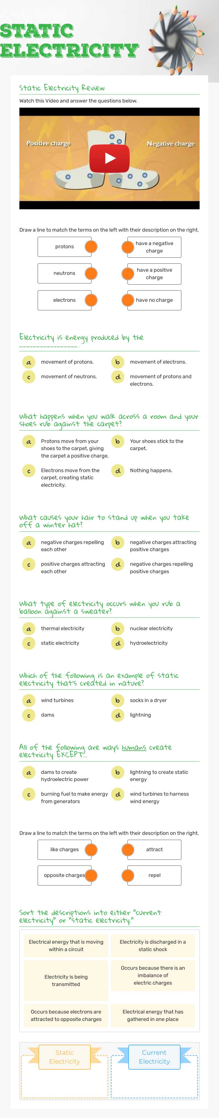STATIC ELECTRICITY Grade 7 worksheet preview
