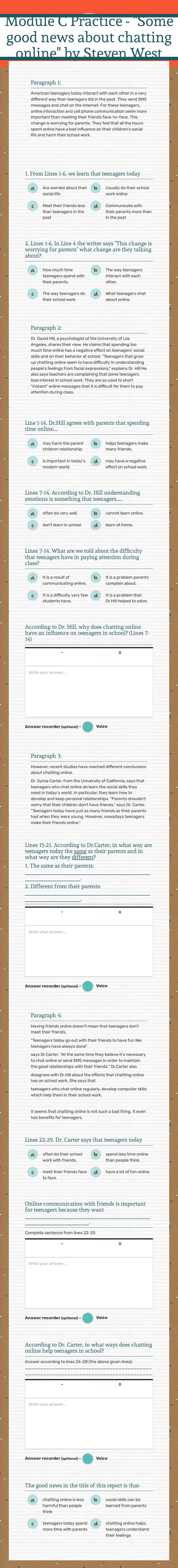 Module C Practice - "Some good news about chatting online" by Steven West worksheet preview image
