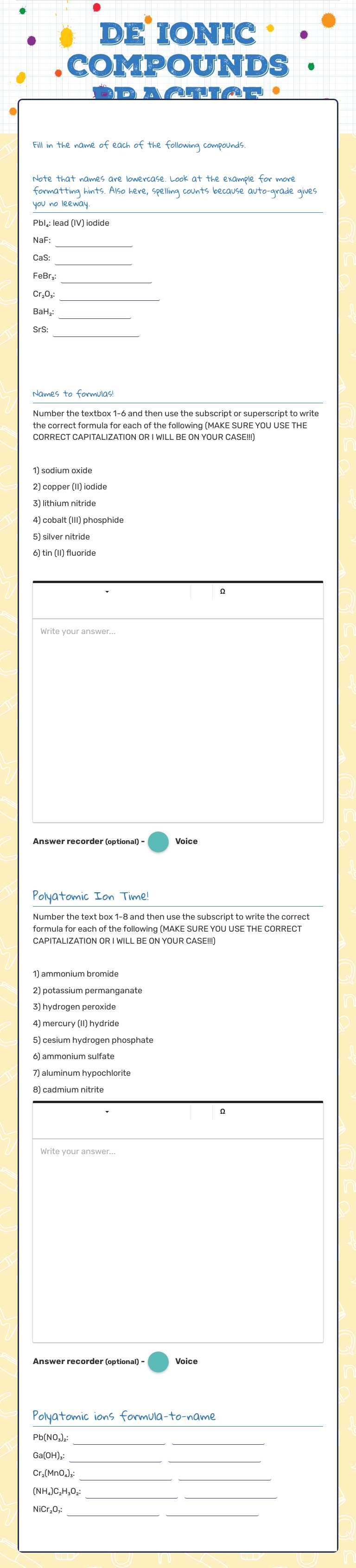 DE Ionic Compounds Practice worksheet preview image