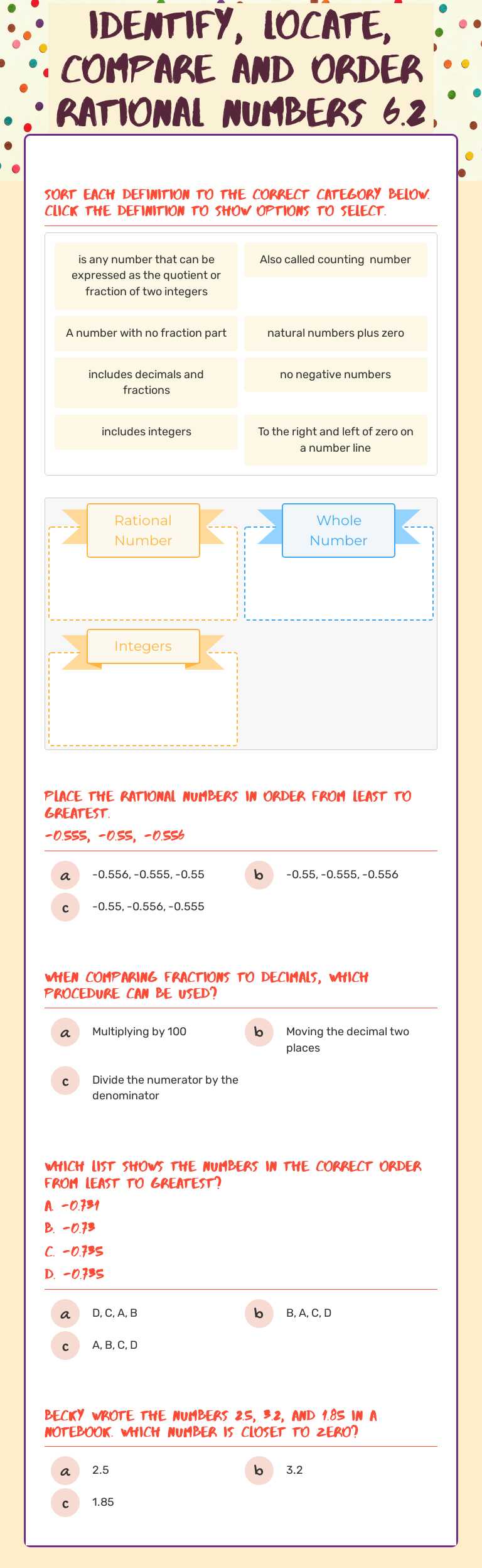 Identify, Locate, Compare and Order RATIONAL Numbers 6.2 B&C worksheet preview image
