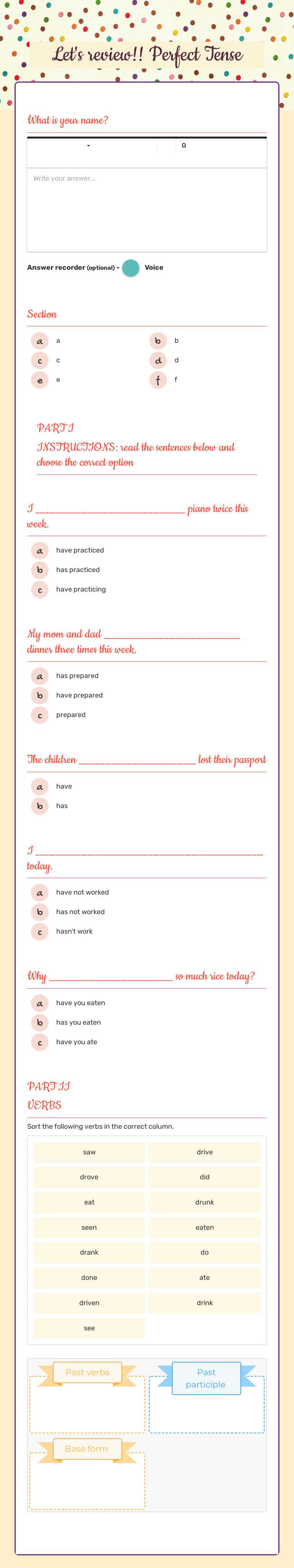 Let's review!!                  Perfect Tense Grade 4 worksheet preview