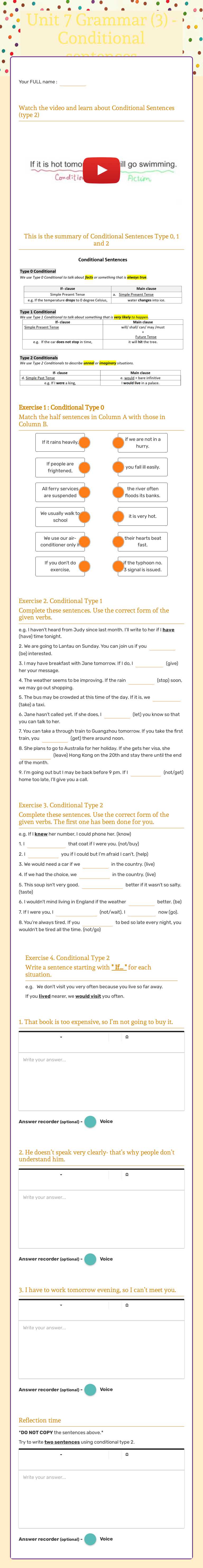 Unit 7 Grammar (3) - Conditional sentences worksheet preview image