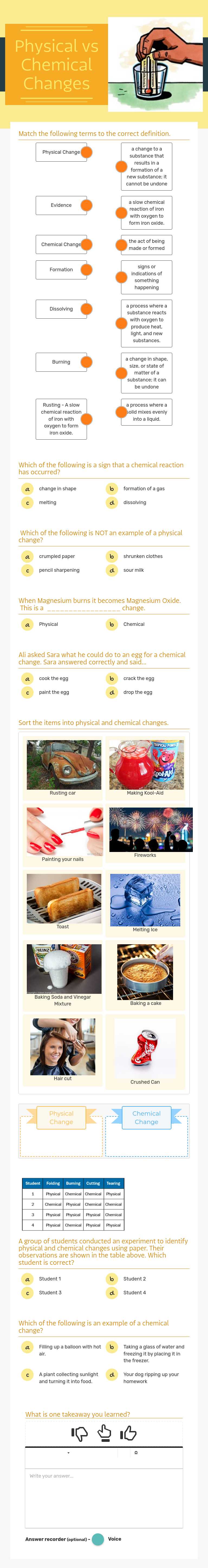 Physical vs Chemical Changes worksheet preview image
