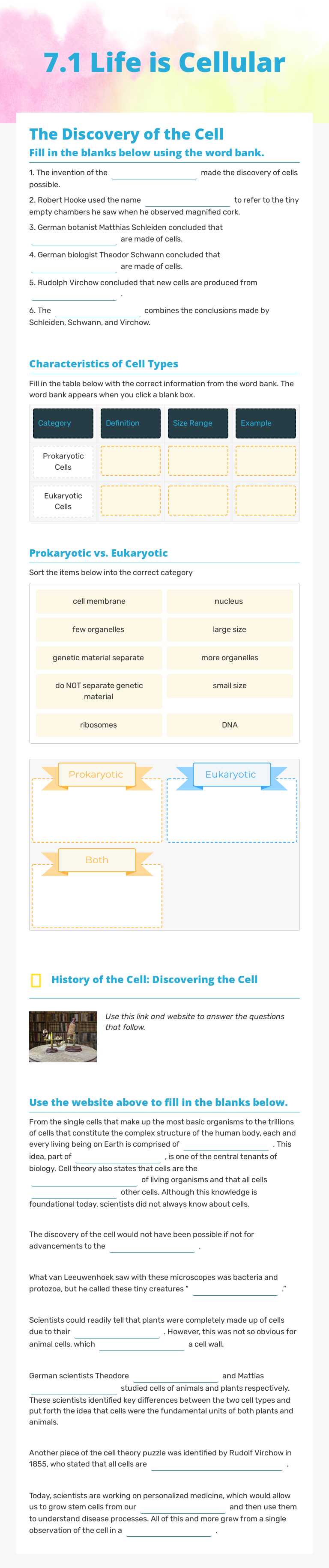7.1 Life is Cellular worksheet preview image