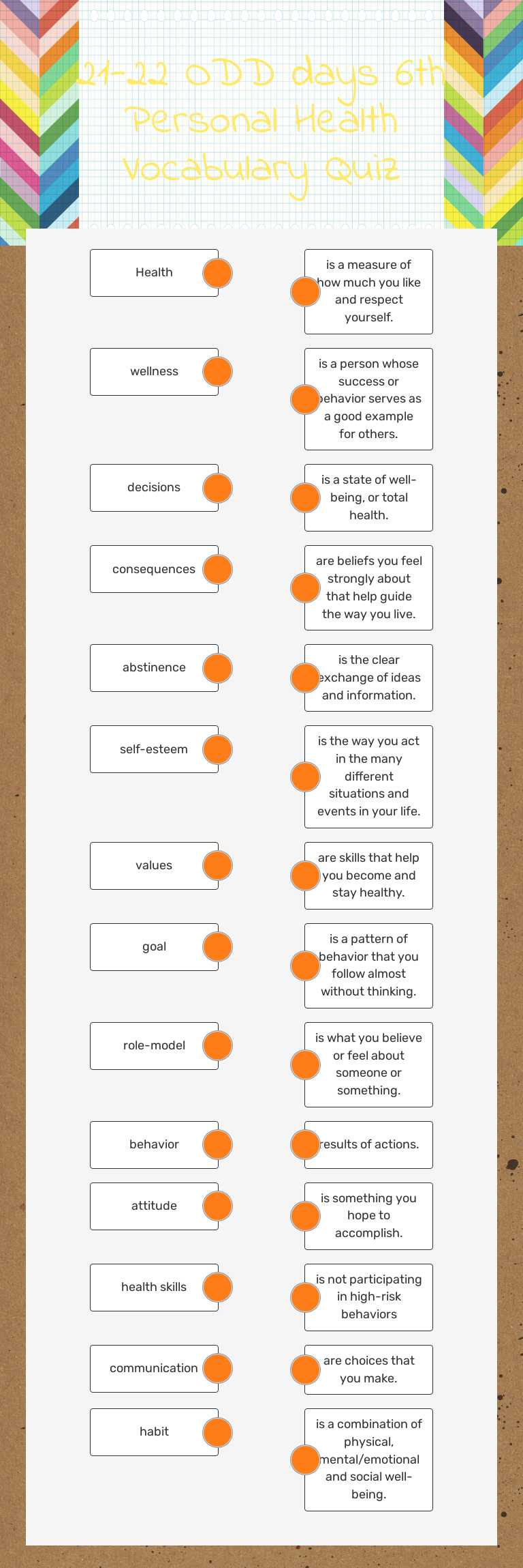 21-22  ODD days 6th Personal Health Vocabulary Quiz worksheet preview image