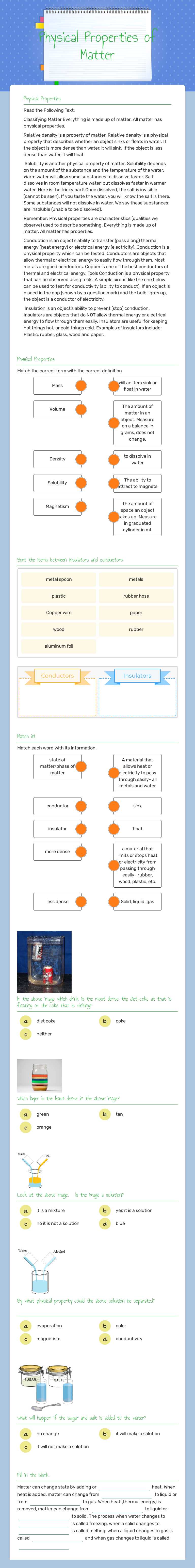 Physical Properties of Matter worksheet preview image