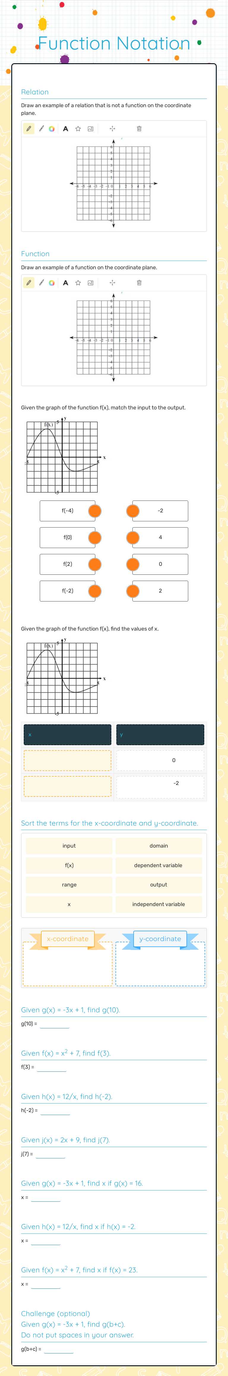 Function Notation worksheet preview image