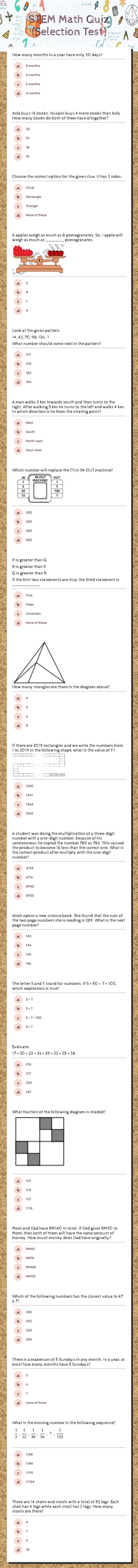 STEM Math Quiz (Selection Test) worksheet preview image