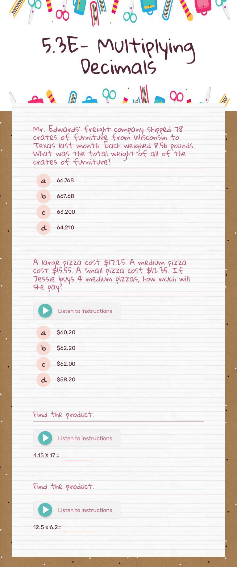 5.3E- Multiplying Decimals Grade 5 worksheet preview