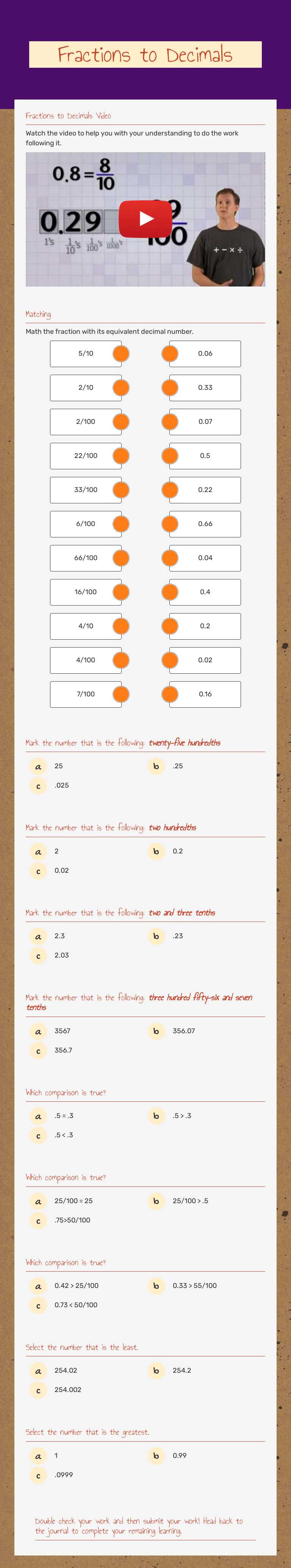 Fractions to Decimals worksheet preview image