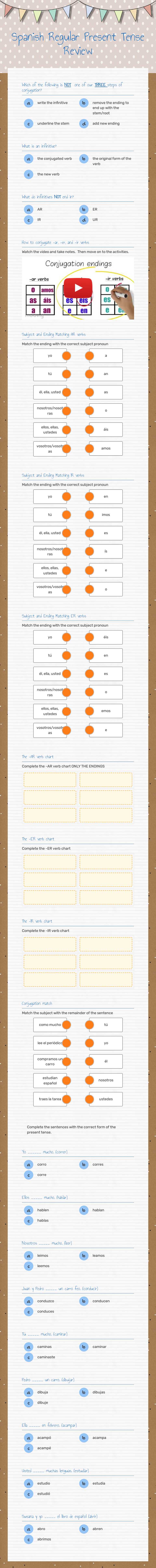 Spanish Regular Present Tense Review worksheet preview image