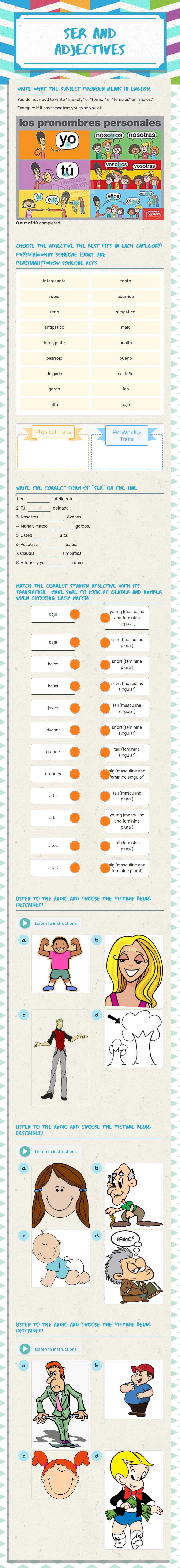 SeR and adjectives worksheet preview image