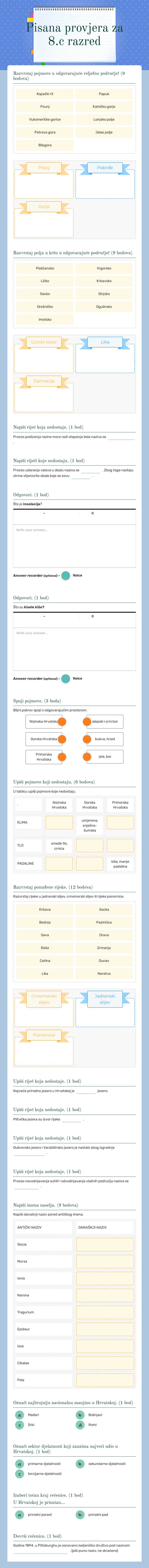 Pisana provjera za 8.c razred worksheet preview image