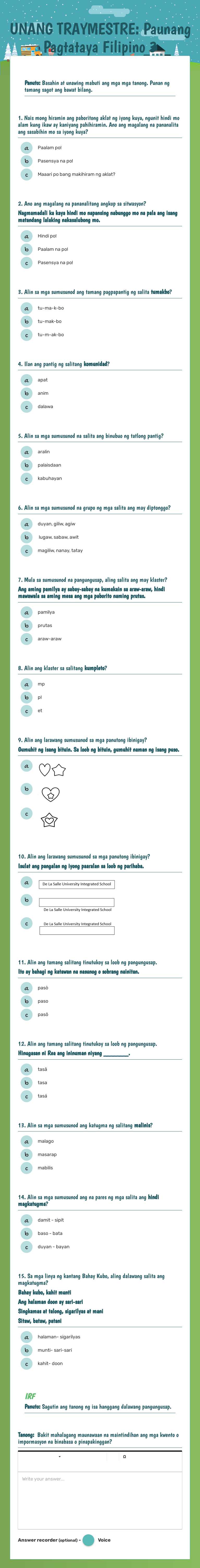 UNANG TRAYMESTRE: Paunang Pagtataya Filipino 3 worksheet preview image