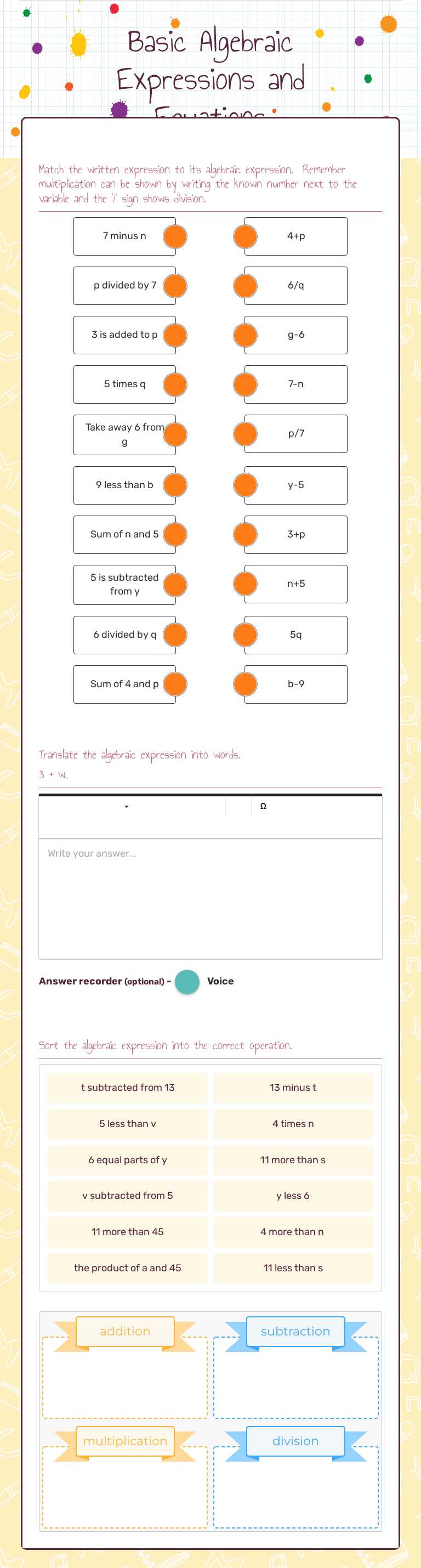 Basic Algebraic Expressions and Equations worksheet preview image
