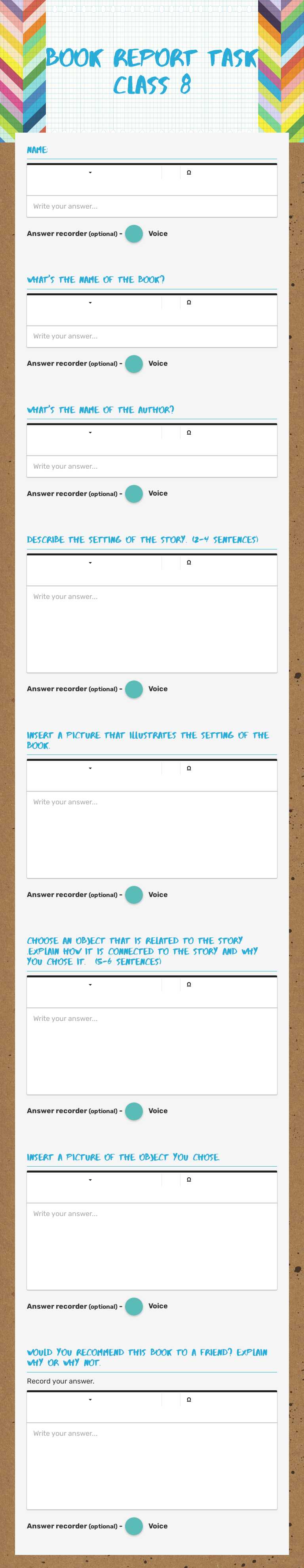 book Report Task Class 8 worksheet preview image