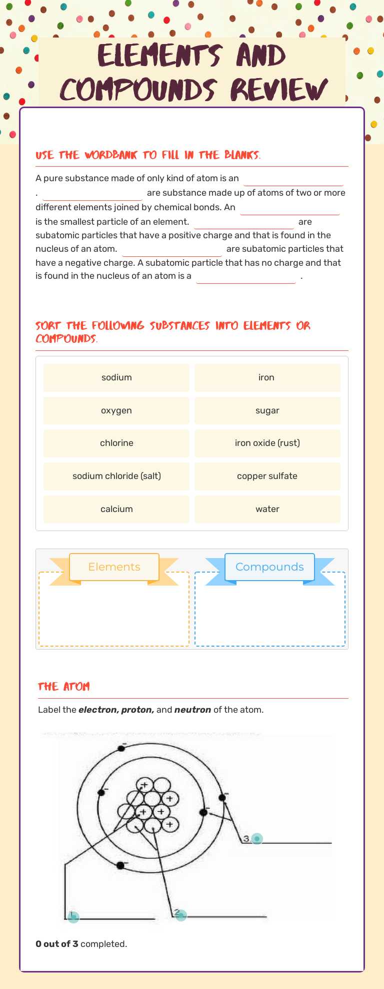 Elements and Compounds review worksheet preview image
