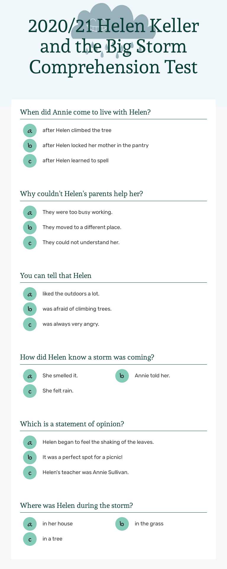 2020/21 Helen Keller and the Big Storm Comprehension Test worksheet preview image