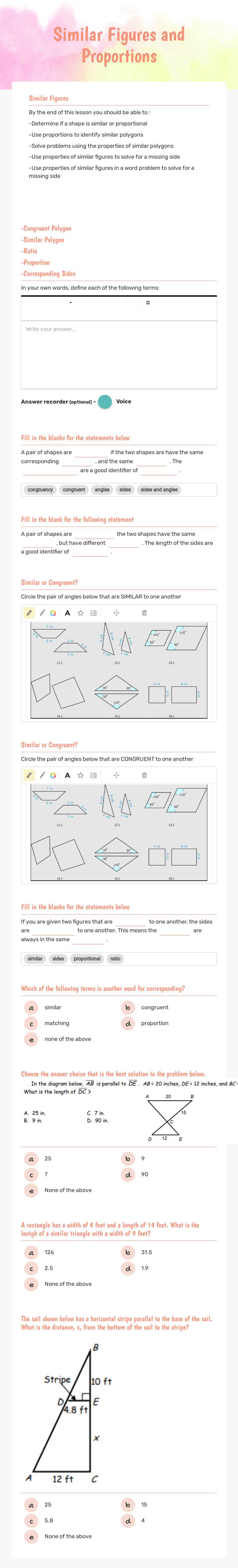 Similar Figures and Proportions worksheet preview image