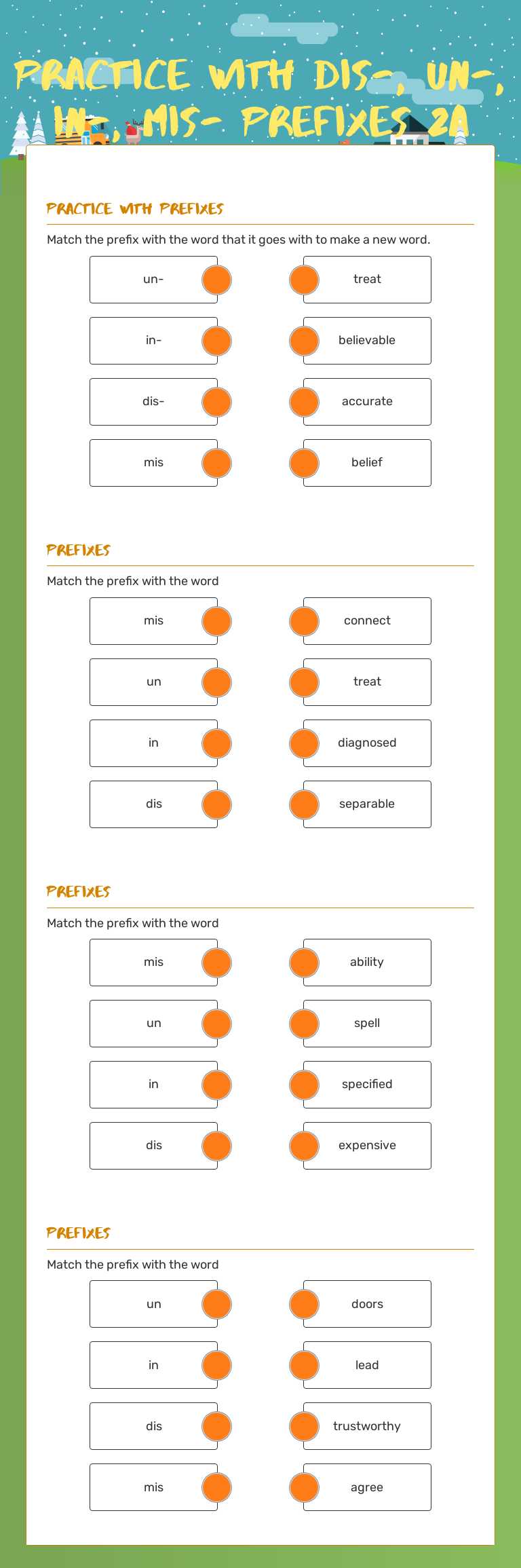 Practice with dis-, un-, in-, mis- prefixes 2A worksheet preview image