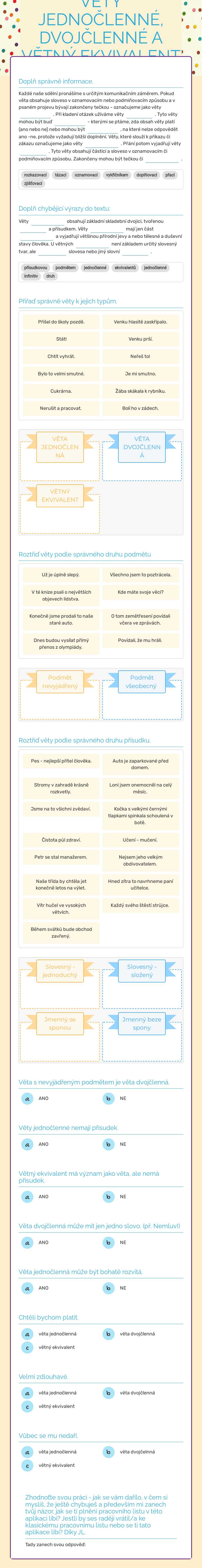 VĚTY JEDNOČLENNÉ, DVOJČLENNÉ A VĚTNÝ EKVIVALENT + podmět a přísudek worksheet preview image