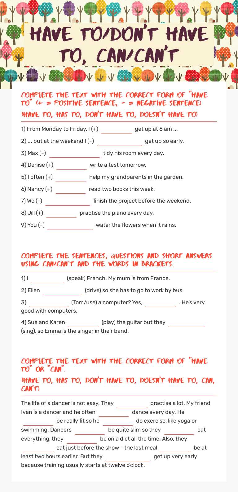 Have to/don't have to, can/can't worksheet preview image