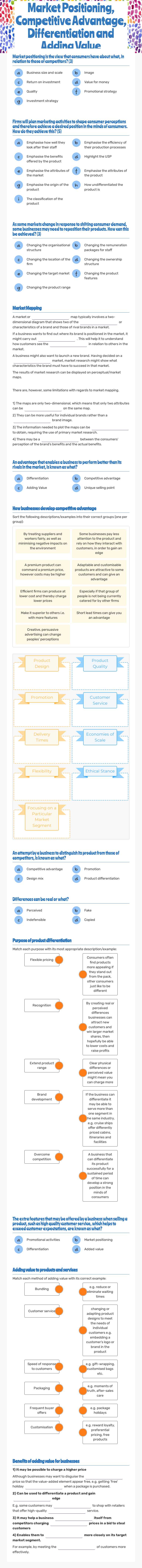 Market Positioning, Competitive Advantage, Differentiation and Adding Value worksheet preview image