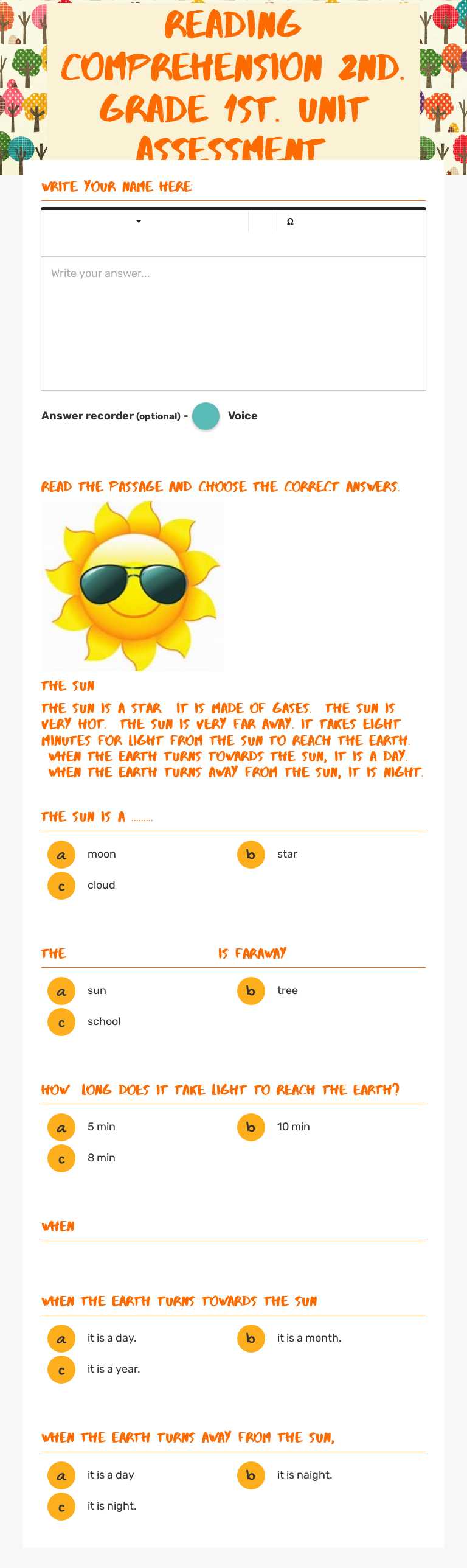 Reading Comprehension 2nd. Grade 1st. unit assessment. Grade 1 worksheet preview