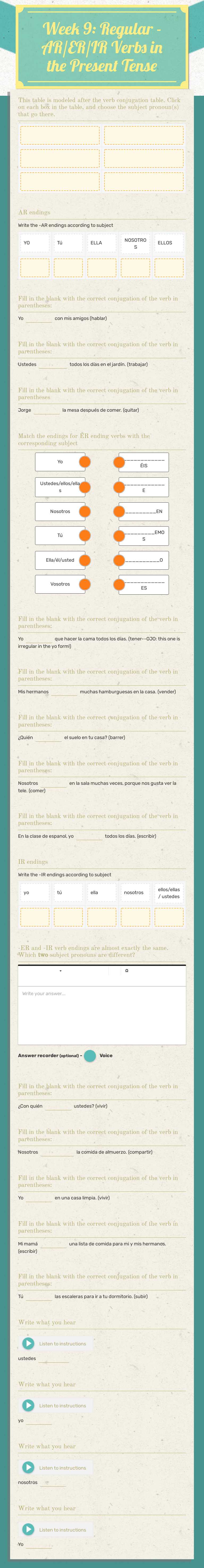 Week 9: Regular -AR/ER/IR Verbs in the Present Tense worksheet preview image