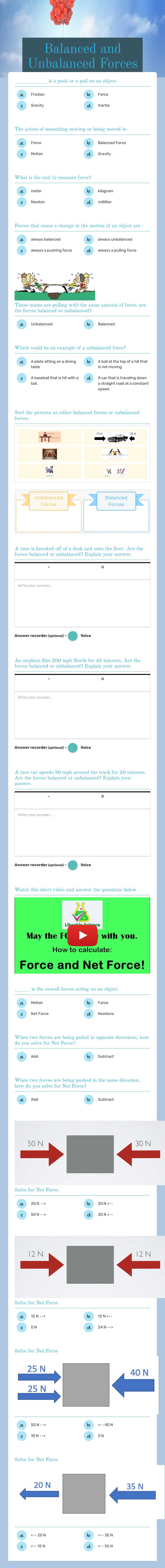 Balanced and Unbalanced Forces Grade 8 worksheet preview
