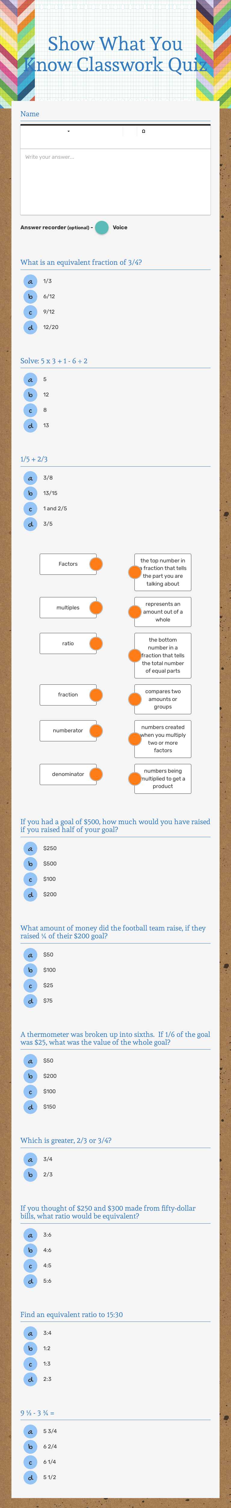 Show What You Know Classwork Quiz worksheet preview image